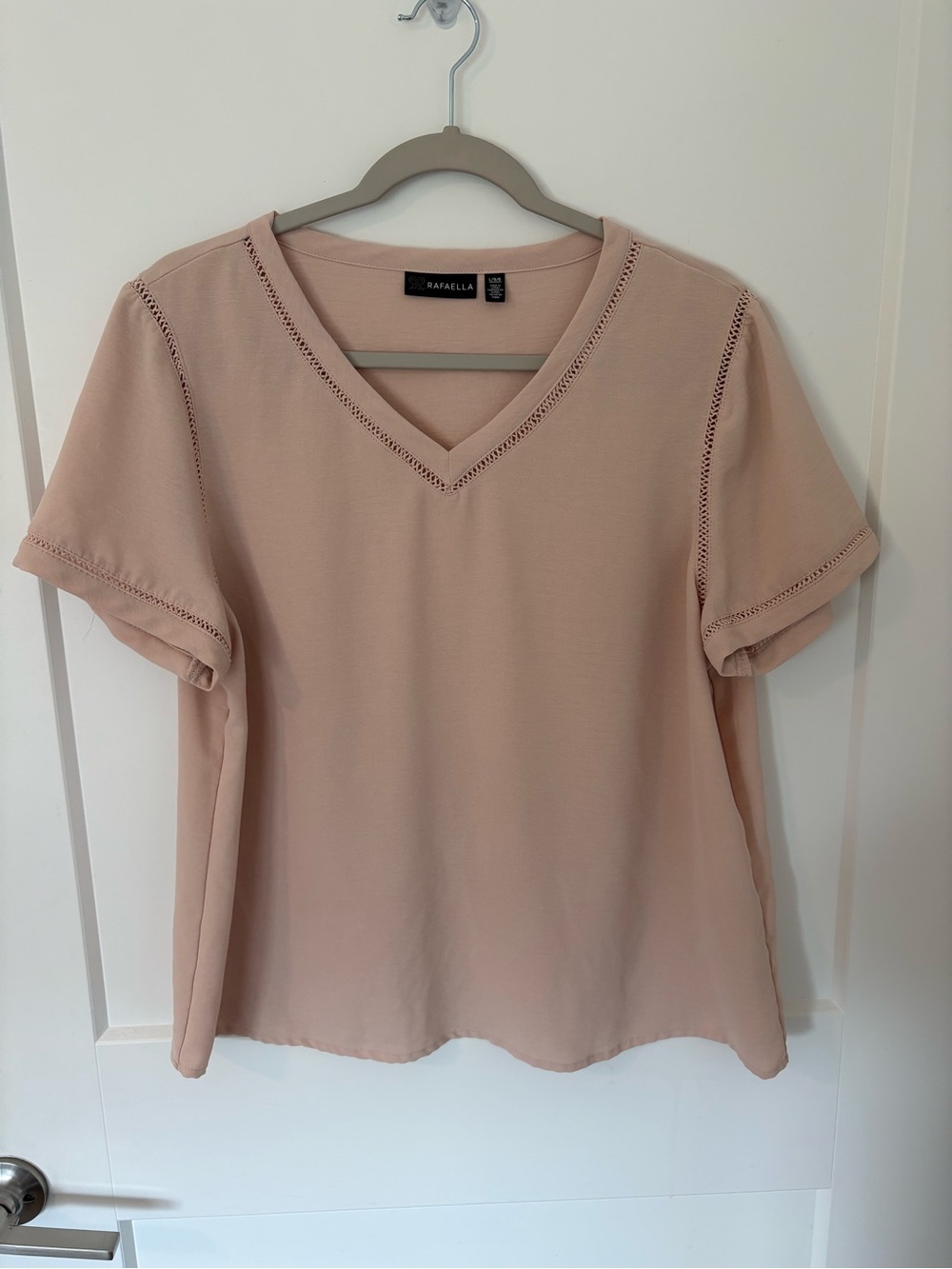 Rafaella Blush V-Neck Short Sleeve Top with Eyelet Trim